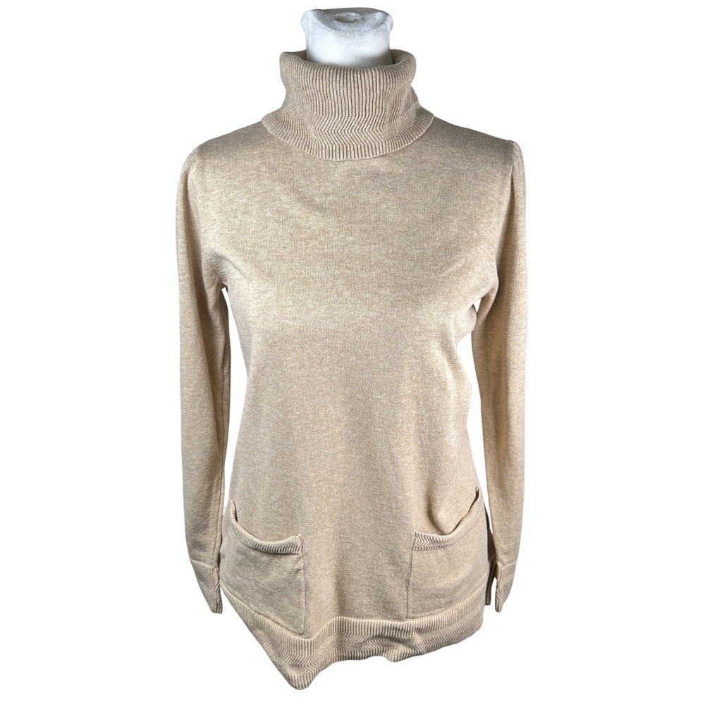 JEANNE PIERRE Womens Beige Cotton Ribbed Knit Turtleneck Sweater Pockets Size S